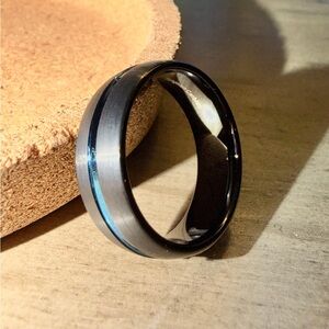 Tungsten Carbide Black with Blue Stripe Ring (Size 10)